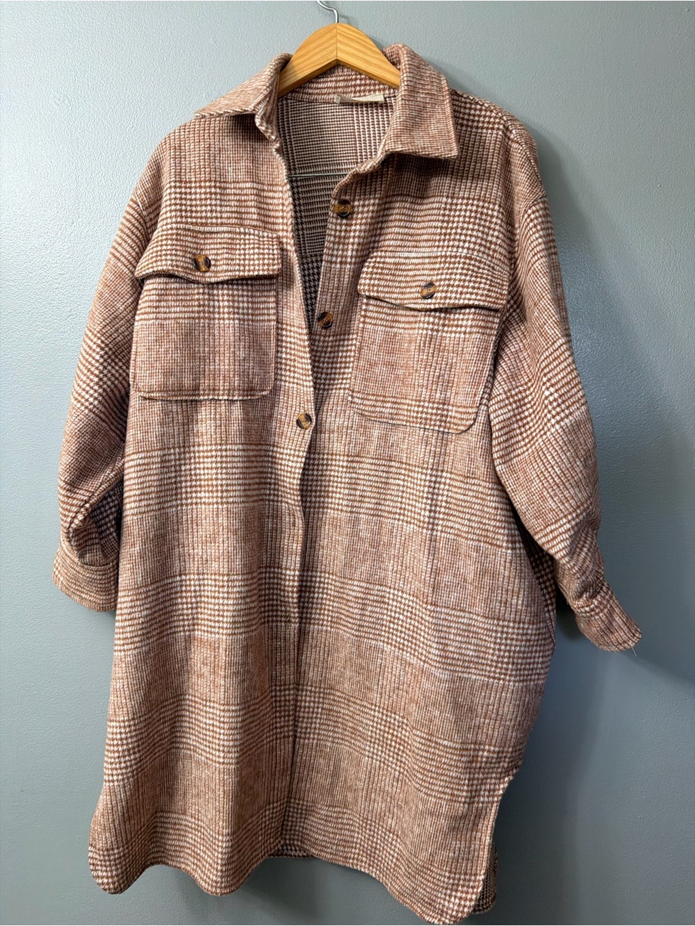 Saints & Hearts Women's Long Plaid Shirt Jacket - Taupe Brown s/m